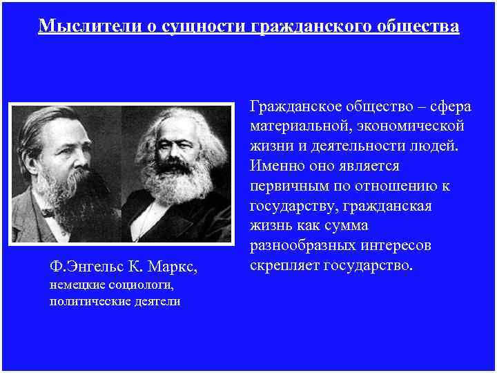 Мыслители о сущности гражданского общества Гражданское общество – сфера материальной, экономической жизни и деятельности