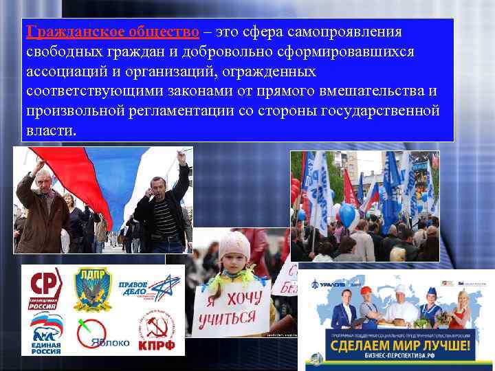 Гражданское общество – это сфера самопроявления свободных граждан и добровольно сформировавшихся ассоциаций и организаций,