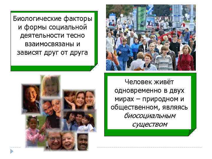 Биологические факторы и формы социальной деятельности тесно взаимосвязаны и зависят друг от друга Человек