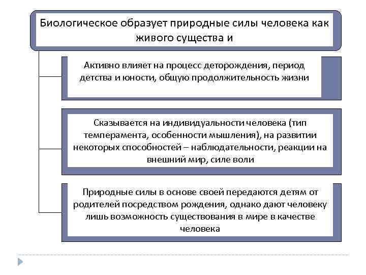 Биологическое образует природные силы человека как живого существа и Активно влияет на процесс деторождения,