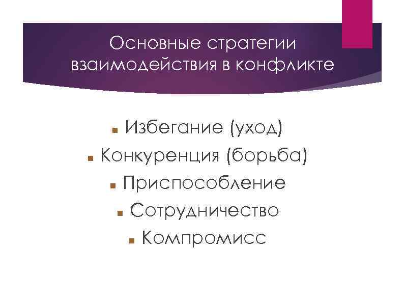 Основные стратегии взаимодействия в конфликте Избегание (уход) Конкуренция (борьба) Приспособление Сотрудничество Компромисс 