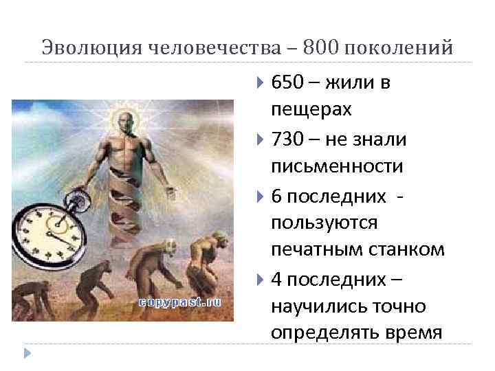 Эволюция человечества – 800 поколений 650 – жили в пещерах 730 – не знали