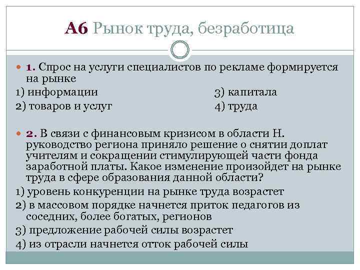А 6 Рынок труда, безработица 1. Спрос на услуги специалистов по рекламе формируется на