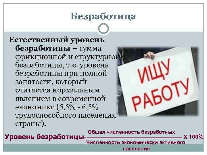Безработица Естественный уровень безработицы – сумма фрикционной и структурной безработицы, т. е. уровень безработицы