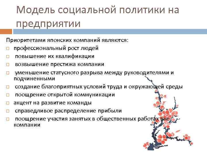 Модель социальной политики на предприятии Приоритетами японских компаний являются: профессиональный рост людей повышение их