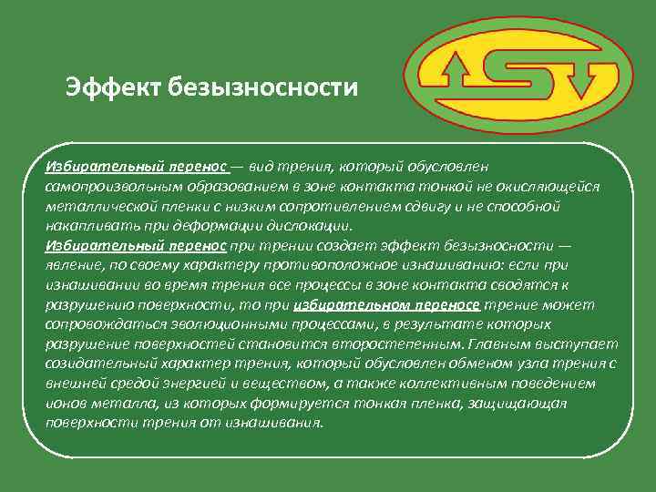 Эффект безызносности Избирательный перенос — вид трения, который обусловлен самопроизвольным образованием в зоне контакта