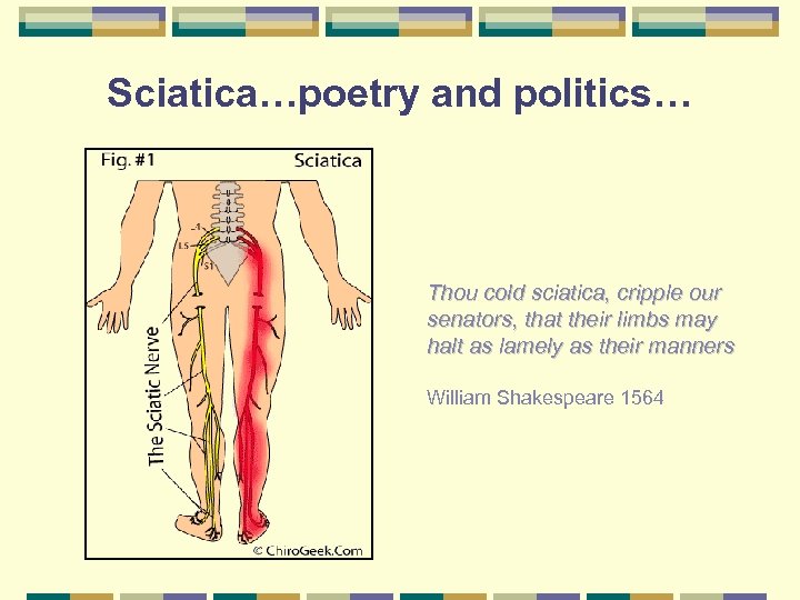 Sciatica…poetry and politics… Thou cold sciatica, cripple our senators, that their limbs may halt