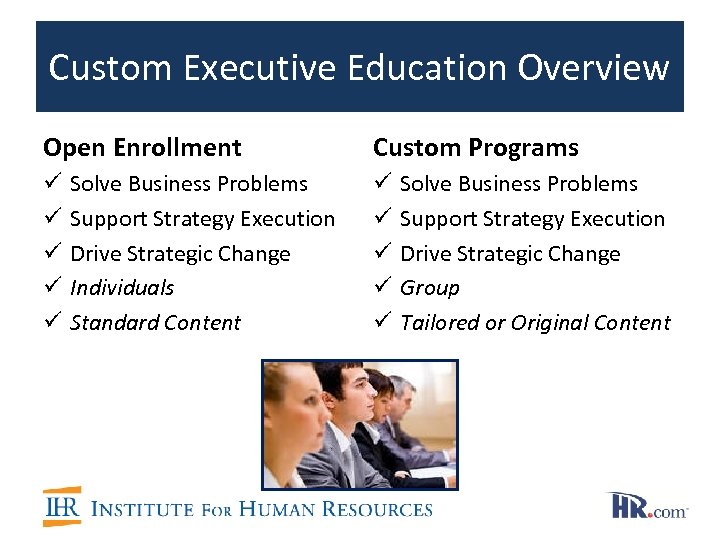 Custom Executive Education Overview Open Enrollment ü ü ü Solve Business Problems Support Strategy