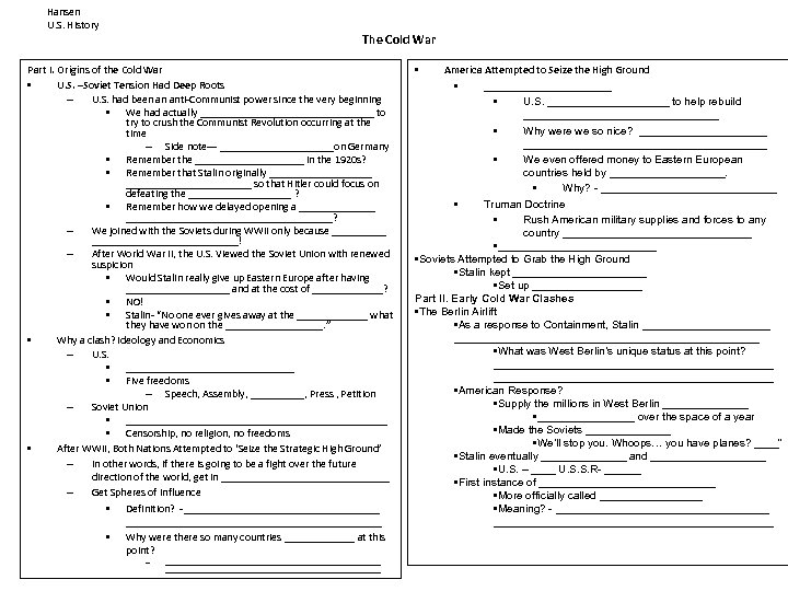 Hansen U. S. History The Cold War Part I. Origins of the Cold War
