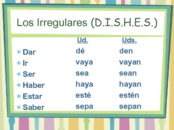 Los Irregulares (D. I. S. H. E. S. ) Ud. Dar Ir Ser Haber