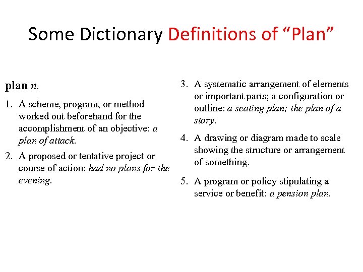 Some Dictionary Definitions of “Plan” plan n. 1. A scheme, program, or method worked