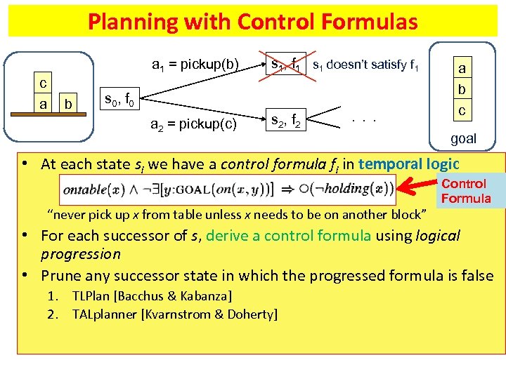 Planning with Control Formulas a 1 = pickup(b) a 2 = pickup(c) c a