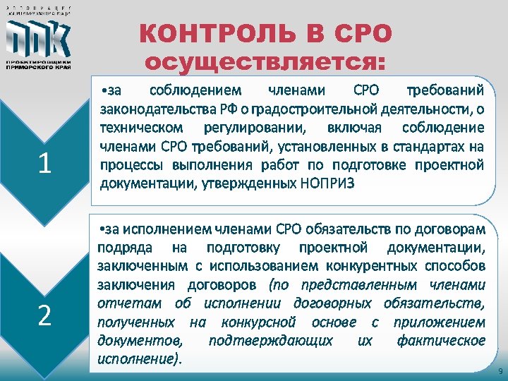 КОНТРОЛЬ В СРО осуществляется: 1 2 • за соблюдением членами СРО требований законодательства РФ