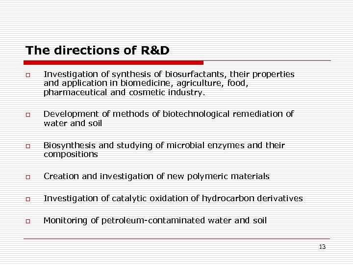 The directions of R&D o o o Investigation of synthesis of biosurfactants, their properties