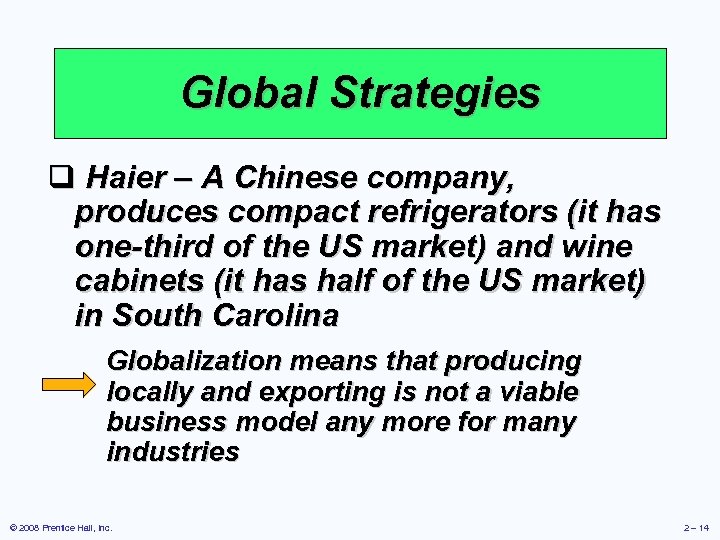 Global Strategies q Haier – A Chinese company, produces compact refrigerators (it has one-third
