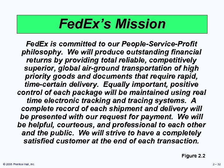 Fed. Ex’s Mission Fed. Ex is committed to our People-Service-Profit philosophy. We will produce