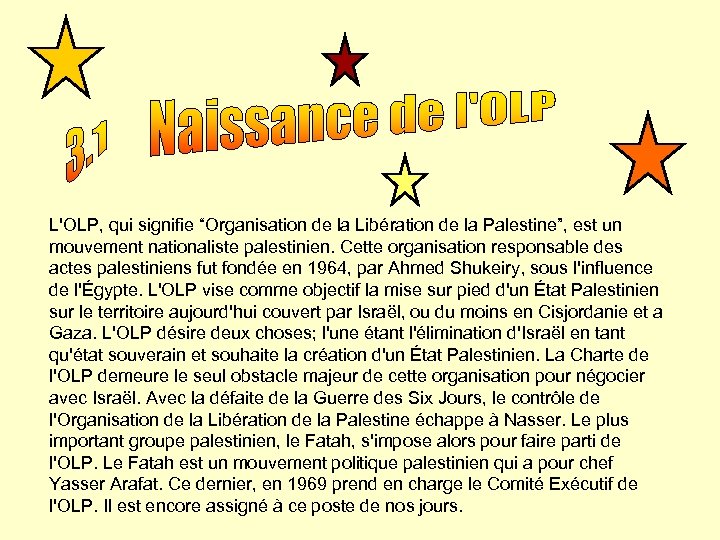 L'OLP, qui signifie “Organisation de la Libération de la Palestine”, est un mouvement nationaliste
