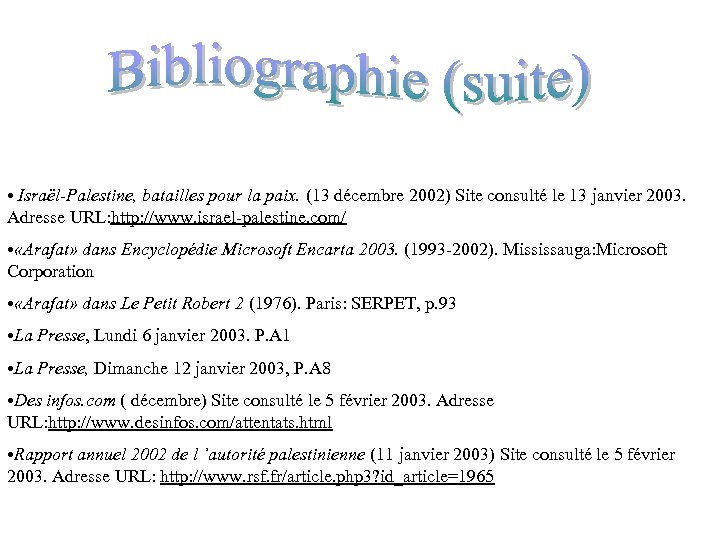  • Israël-Palestine, batailles pour la paix. (13 décembre 2002) Site consulté le 13