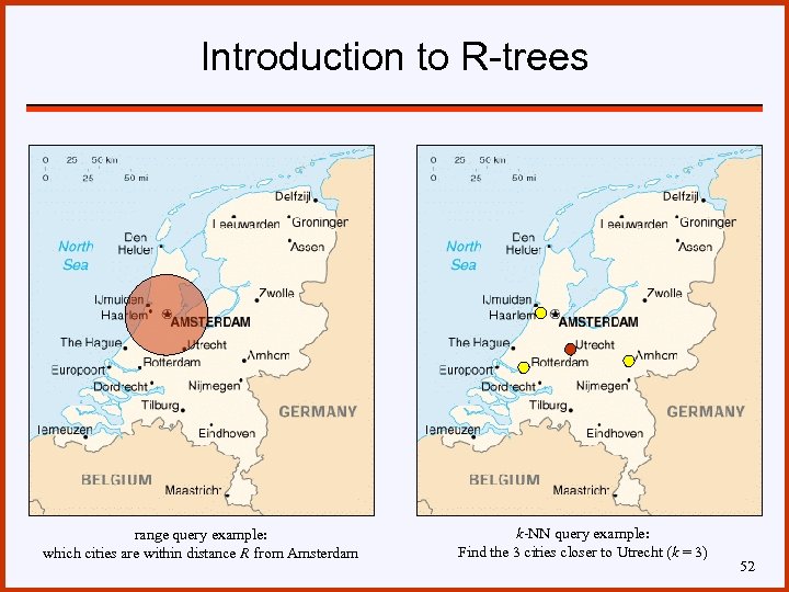 Introduction to R-trees range query example: which cities are within distance R from Amsterdam