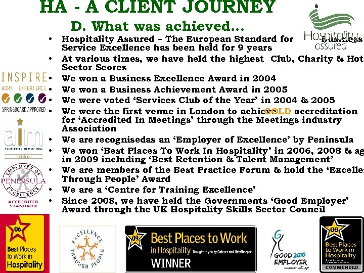 HA - A CLIENT JOURNEY • • • D. What was achieved… Hospitality Assured