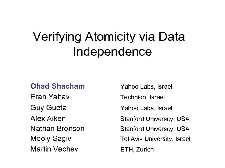 Verifying Atomicity via Data Independence Ohad Shacham Eran Yahav Guy Gueta Alex Aiken Nathan