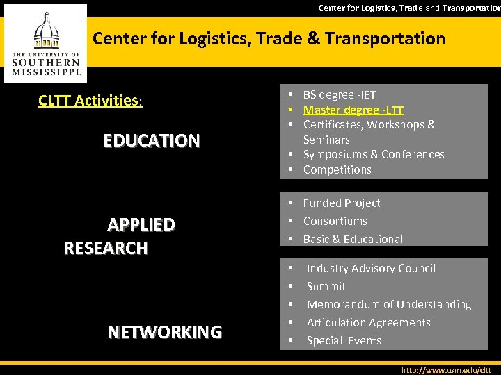 Center for Logistics, Trade and Transportation Center for Logistics, Trade & Transportation CLTT Activities: