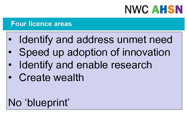 Four licence areas • • Identify and address unmet need Speed up adoption of