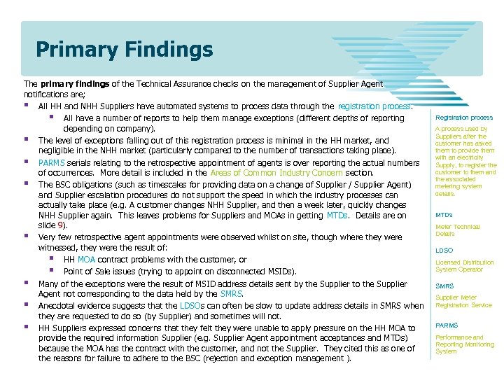 Primary Findings The primary findings of the Technical Assurance checks on the management of