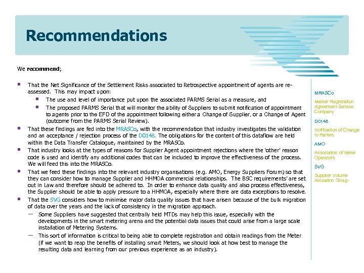 Recommendations We recommend; § § § That the Net Significance of the Settlement Risks