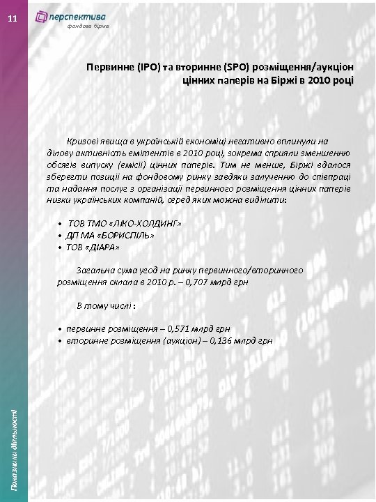 11 фондова біржа Первинне (IPO) та вторинне (SPO) розміщення/аукціон цінних паперів на Біржі в