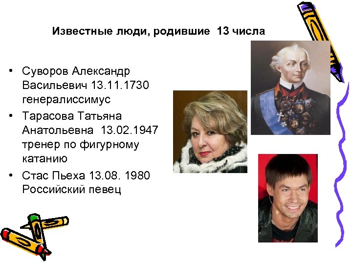 Известные люди, родившие 13 числа • Суворов Александр Васильевич 13. 11. 1730 генералиссимус •