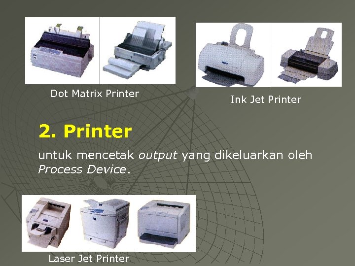 Dot Matrix Printer Ink Jet Printer 2. Printer untuk mencetak output yang dikeluarkan oleh