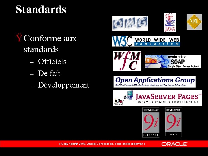 Standards Ÿ Conforme aux standards – – – Officiels De fait Développement « Copyright