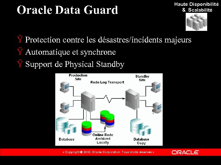 Oracle Data Guard Haute Disponibilité & Scalabilité Ÿ Protection contre les désastres/incidents majeurs Ÿ