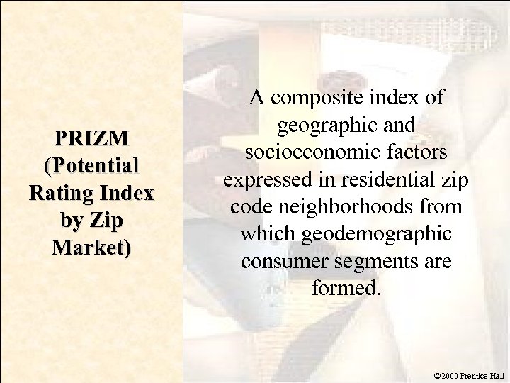 PRIZM (Potential Rating Index by Zip Market) A composite index of geographic and socioeconomic