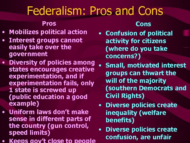 Federalism: Pros and Cons • • Pros Mobilizes political action Interest groups cannot easily
