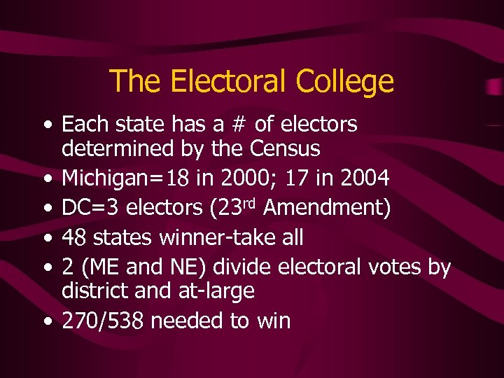 The Electoral College • Each state has a # of electors determined by the