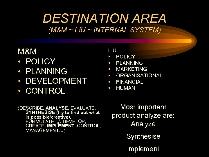 DESTINATION AREA (M&M ~ LIU ~ INTERNAL SYSTEM) M&M • POLICY • PLANNING •
