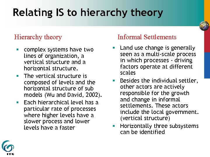 Relating IS to hierarchy theory Hierarchy theory § complex systems have two lines of