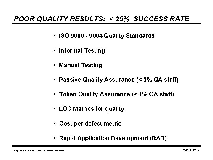 POOR QUALITY RESULTS: < 25% SUCCESS RATE • ISO 9000 - 9004 Quality Standards