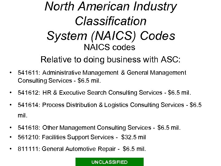 North American Industry Classification System (NAICS) Codes NAICS codes Relative to doing business with