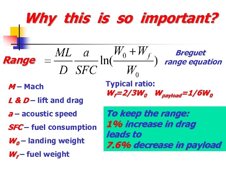 Why this is so important? Breguet range equation Range M – Mach L &