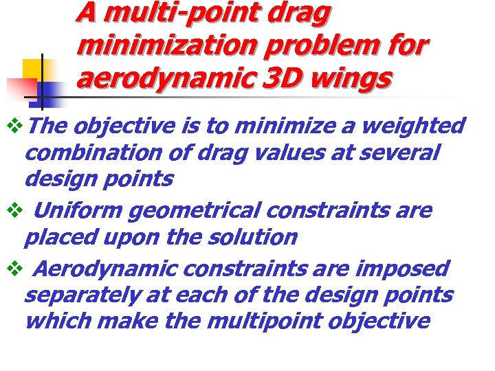 A multi-point drag minimization problem for aerodynamic 3 D wings v. The objective is