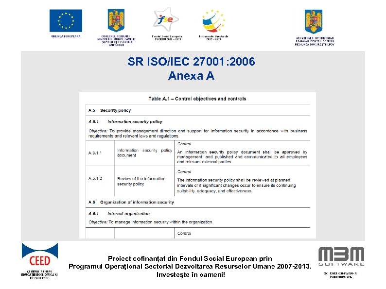SR ISO/IEC 27001: 2006 Anexa A Proiect cofinanţat din Fondul Social European prin Programul