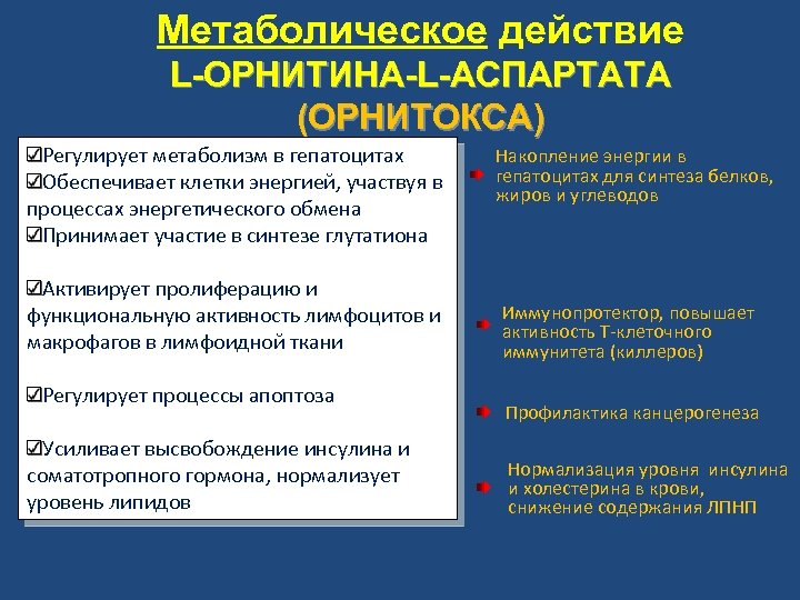 Метаболическое действие L-ОРНИТИНА-L-АСПАРТАТА (ОРНИТОКСА) Регулирует метаболизм в гепатоцитах Обеспечивает клетки энергией, участвуя в процессах