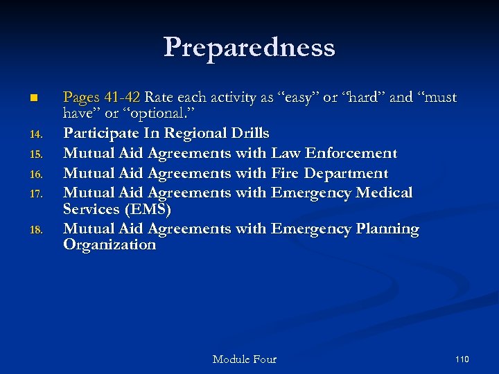 Preparedness n 14. 15. 16. 17. 18. Pages 41 -42 Rate each activity as
