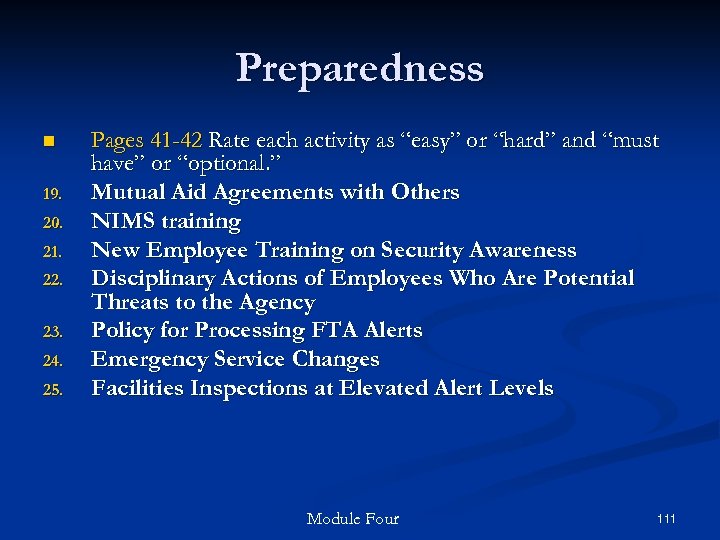 Preparedness n 19. 20. 21. 22. 23. 24. 25. Pages 41 -42 Rate each