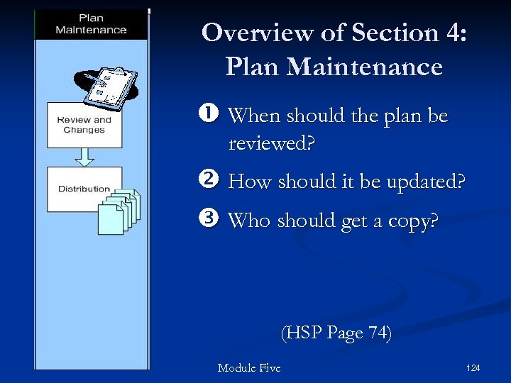Overview of Section 4: Plan Maintenance When should the plan be reviewed? How should