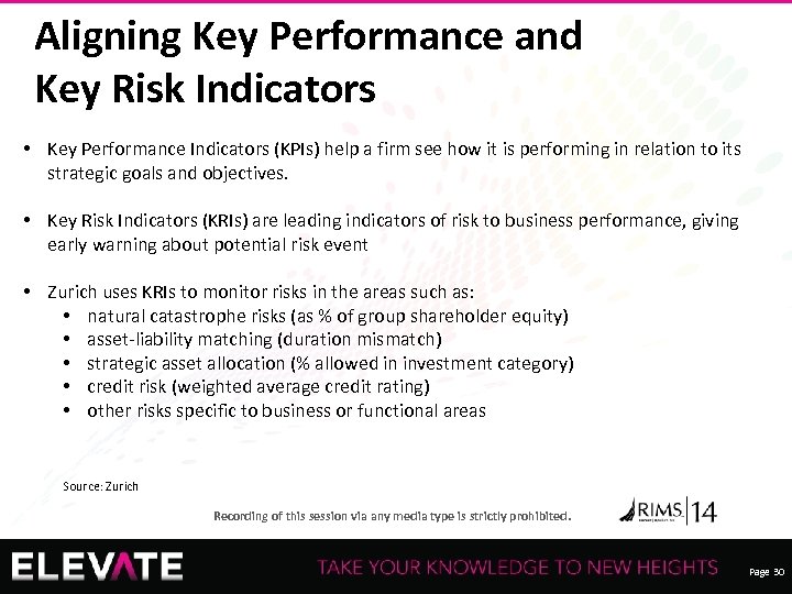 Aligning Key Performance and Key Risk Indicators • Key Performance Indicators (KPIs) help a