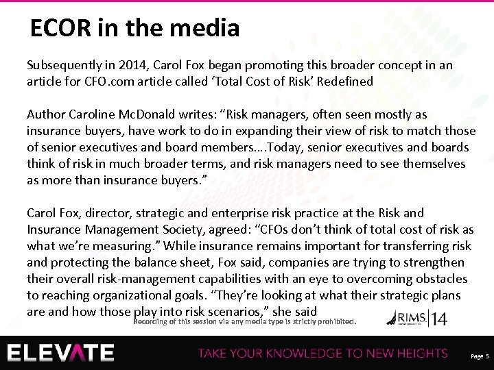 ECOR in the media Subsequently in 2014, Carol Fox began promoting this broader concept